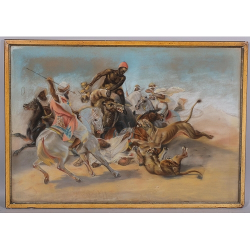 731 - After Horace Vernet, lion hunt, 19th century coloured pastels, 70cm x 103cm, framed