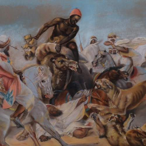 731 - After Horace Vernet, lion hunt, 19th century coloured pastels, 70cm x 103cm, framed