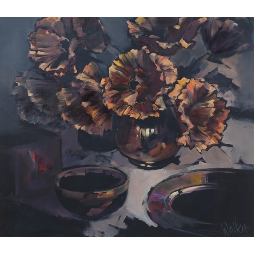 732 - Ethel Walker (born 1941), copper poppies, oil on board, signed, 56cm x 64cm, framed and glazed