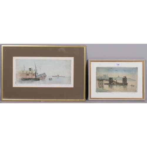 736 - Michael Blaker, 2 coloured etchings, river scenes, signed in pencil, largest image 15cm x 33cm, fram... 