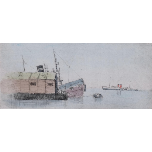 736 - Michael Blaker, 2 coloured etchings, river scenes, signed in pencil, largest image 15cm x 33cm, fram... 