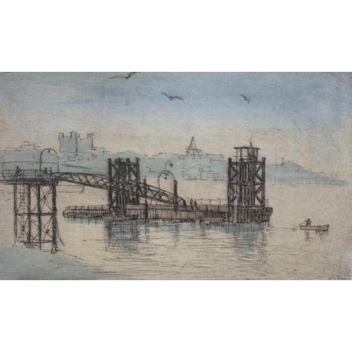 736 - Michael Blaker, 2 coloured etchings, river scenes, signed in pencil, largest image 15cm x 33cm, fram... 