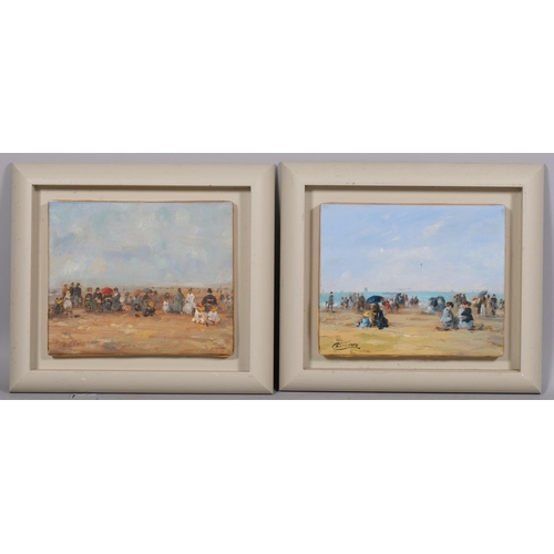 737 - Francis Cristaux (born 1956), pair of busy beach scenes, oils on canvas, signed, 22cm x 27cm, framed