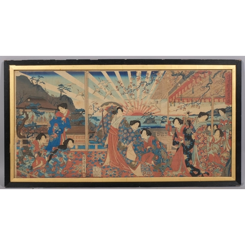 747 - Chikanobu Yoshu, nobility entertaining on Penglai Island, colour woodblock print, image 35cm x 71cm,... 