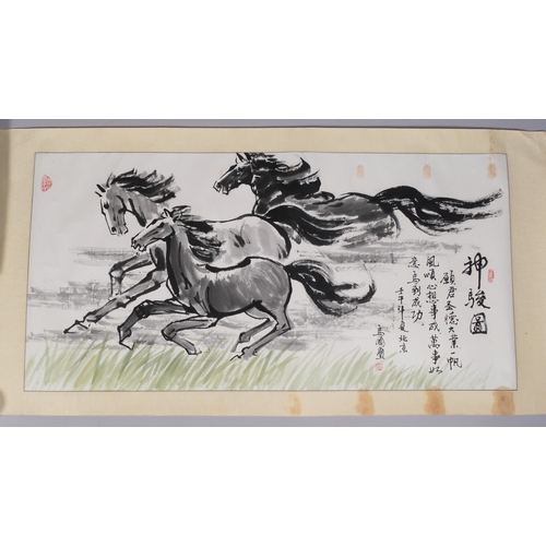 749 - Chinese scroll, running horses, silk surround, overall dimensions 80cm x 158cm, unframed