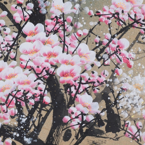 750 - Chinese scroll painting, cherry blossom, silk surround, 127cm x 62cm