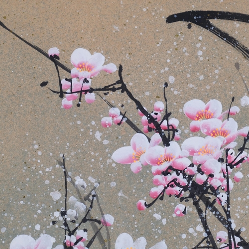 750 - Chinese scroll painting, cherry blossom, silk surround, 127cm x 62cm