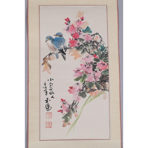 752 - Chinese scroll, birds and blossom, image 45cm x 22cm