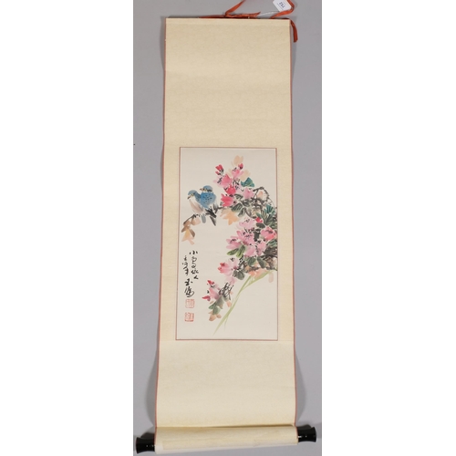 752 - Chinese scroll, birds and blossom, image 45cm x 22cm