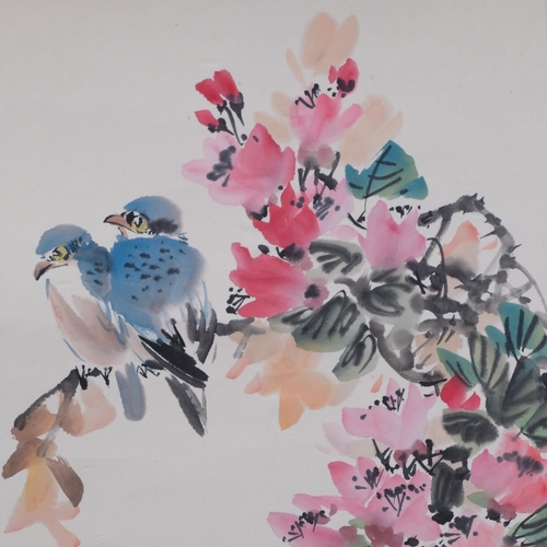 752 - Chinese scroll, birds and blossom, image 45cm x 22cm