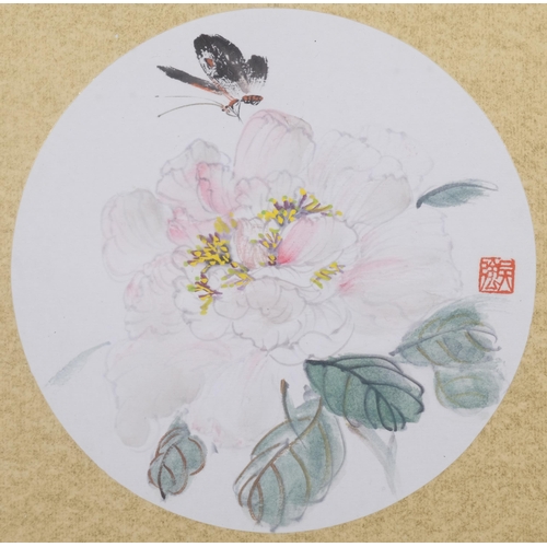 757 - Wu Qiang (born 1959), watercolour, butterfly and blossom, image 21cm across