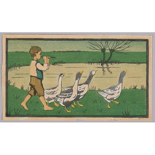 761 - Janet Fisher, boy with geese, colour woodblock print, signed and numbered 27/100, image 16cm x 30cm,... 