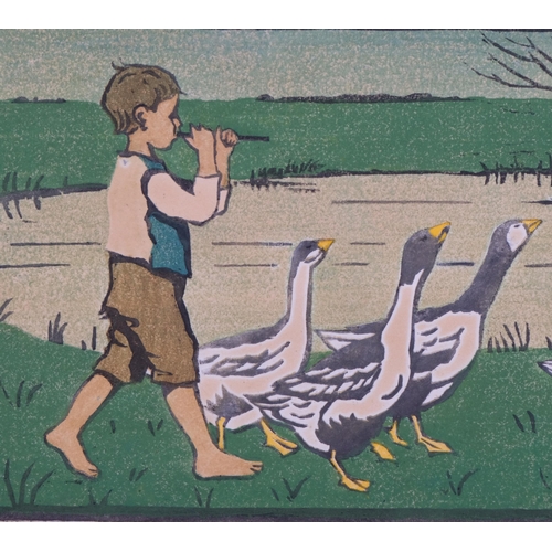 761 - Janet Fisher, boy with geese, colour woodblock print, signed and numbered 27/100, image 16cm x 30cm,... 