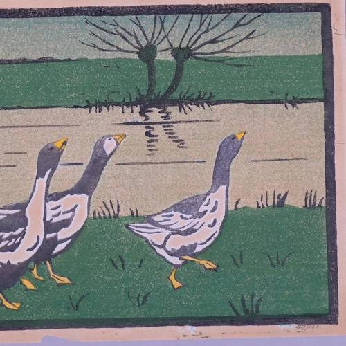 761 - Janet Fisher, boy with geese, colour woodblock print, signed and numbered 27/100, image 16cm x 30cm,... 