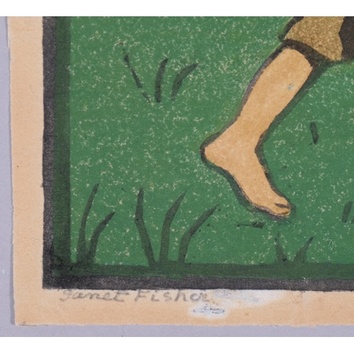 761 - Janet Fisher, boy with geese, colour woodblock print, signed and numbered 27/100, image 16cm x 30cm,... 