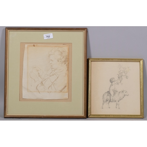 762 - 19th century pen and ink drawing of a scientist, unsigned, sheet 23cm x 19cm, and pencil drawing of ... 