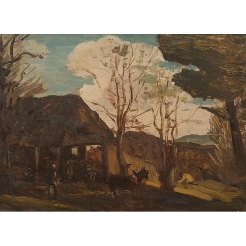 763 - Farm scene, oil on board, late 19th/early 20th century, unsigned, 28cm x 39cm, framed