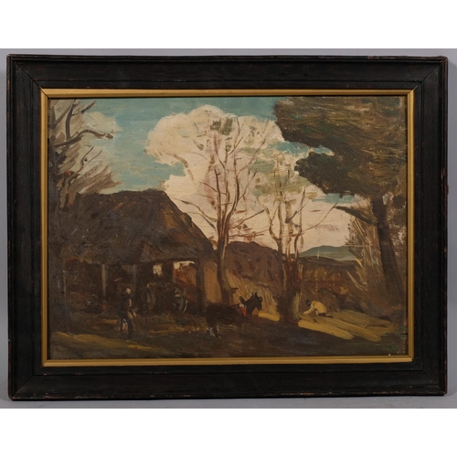 763 - Farm scene, oil on board, late 19th/early 20th century, unsigned, 28cm x 39cm, framed