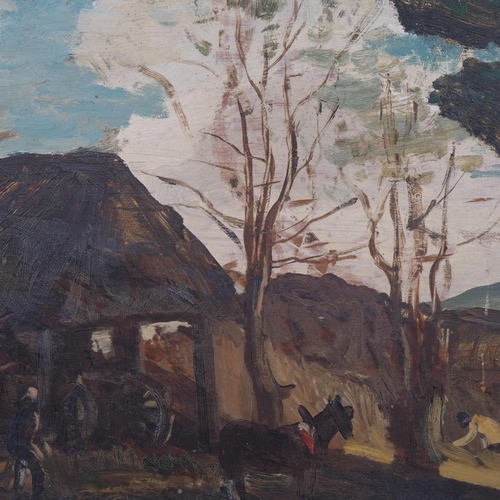 763 - Farm scene, oil on board, late 19th/early 20th century, unsigned, 28cm x 39cm, framed