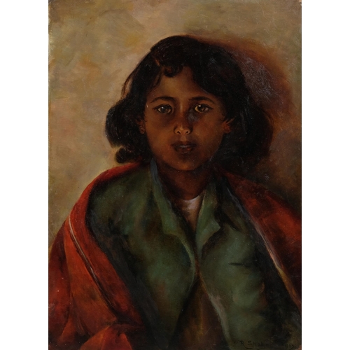 765 - Portrait of a child, oil on canvas laid on board, signed R Shabe 1889 (Indian?), 48cm x 35cm, unfram... 