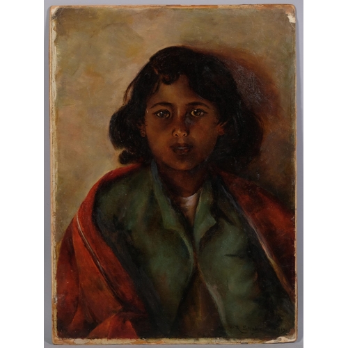 765 - Portrait of a child, oil on canvas laid on board, signed R Shabe 1889 (Indian?), 48cm x 35cm, unfram... 