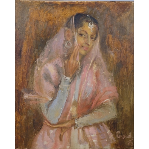 768 - Patricia Angadi, portrait of an Indian beauty, oil on canvas, signed and dated 1963, 76cm x 63cm, un... 