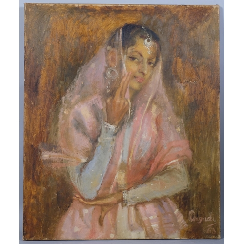 768 - Patricia Angadi, portrait of an Indian beauty, oil on canvas, signed and dated 1963, 76cm x 63cm, un... 