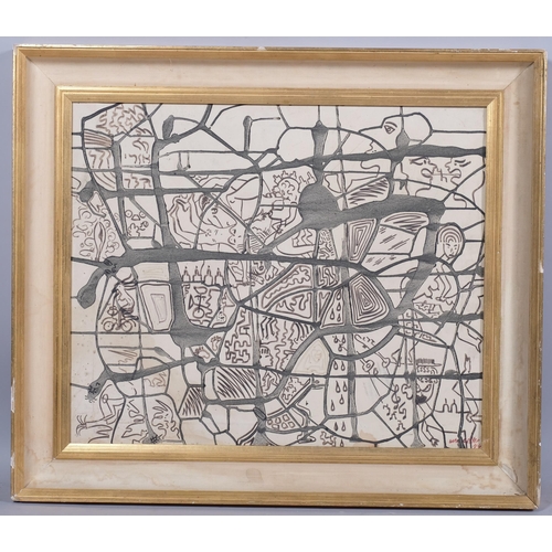 769 - Uri Geller, Stimulation, ink and wash on canvas, signed and dated 1974, 50cm x 59cm, framed