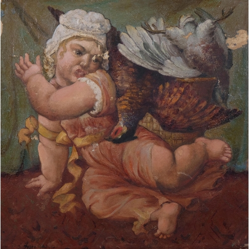 771 - Child with pheasant, 19th century oil on wood panel, indistinctly signed, 23cm x 23cm, unframed