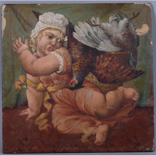 771 - Child with pheasant, 19th century oil on wood panel, indistinctly signed, 23cm x 23cm, unframed