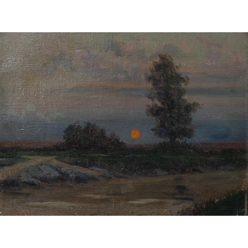 772 - French School, sunset landscape, oil on canvas, indistinctly signed, dated 1910, 27cm x 35cm, unfram... 