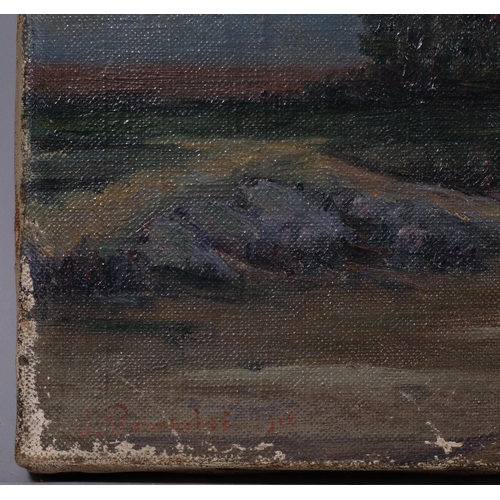 772 - French School, sunset landscape, oil on canvas, indistinctly signed, dated 1910, 27cm x 35cm, unfram... 