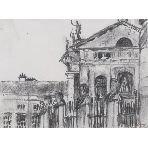 773 - David Britton (born 1937), view of the Ashmoleon Oxford, charcoal on paper, signed, 21cm x 27cm, fra... 