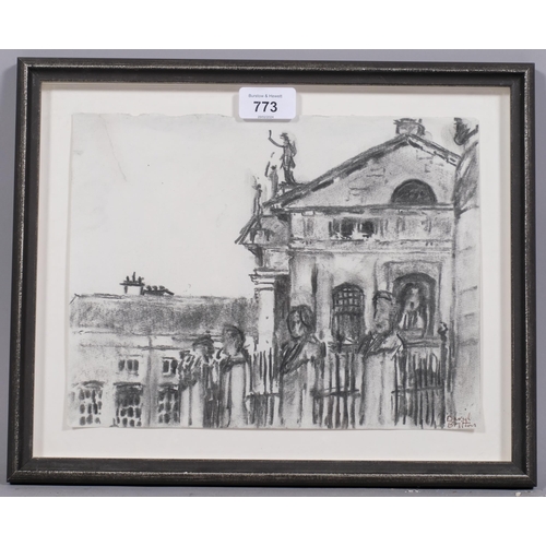 773 - David Britton (born 1937), view of the Ashmoleon Oxford, charcoal on paper, signed, 21cm x 27cm, fra... 