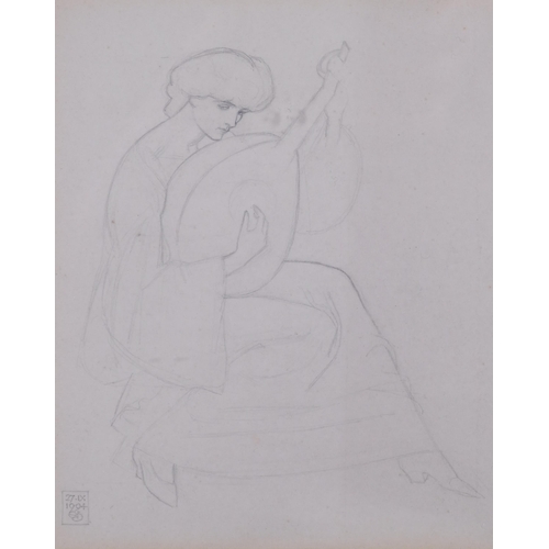 776 - Joseph Southall RWS RBSA (1861 - 1944), lady with a lute, pencil drawing dated 27.IX.1904 and signed... 