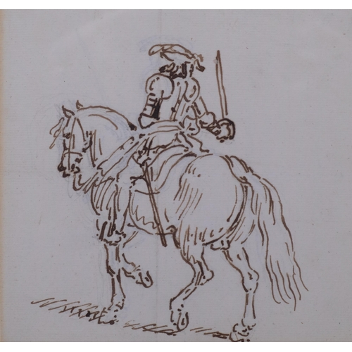 782 - James Seymour (1702 - 1752), figure in armour on horseback, pen and ink, 15cm x 15.5cm, framed