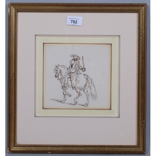 782 - James Seymour (1702 - 1752), figure in armour on horseback, pen and ink, 15cm x 15.5cm, framed