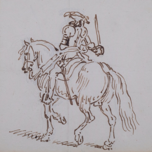 782 - James Seymour (1702 - 1752), figure in armour on horseback, pen and ink, 15cm x 15.5cm, framed