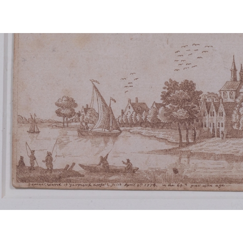 783 - Samuel Ward (1710 - 1778), a riverside town, pen and ink, signed and dated 1774, 7.5cm x 12cm, frame... 