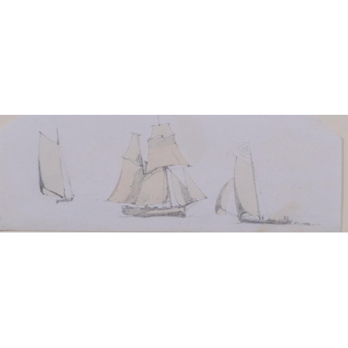 787 - Samuel Prout (1783 - 1852), study of sailing boats, pencil and watercolour, 7cm x 17cm, framed, prov... 