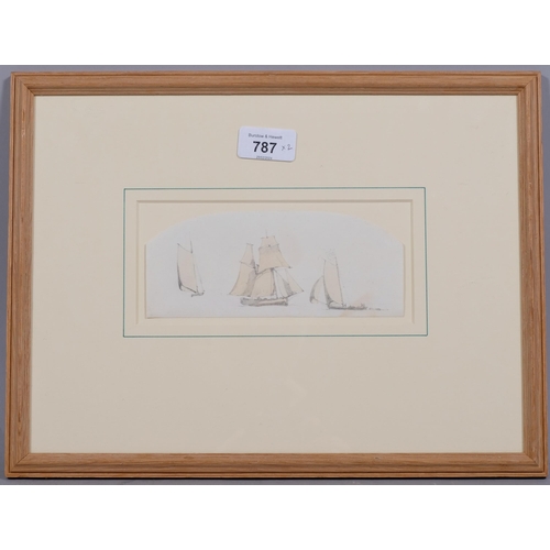 787 - Samuel Prout (1783 - 1852), study of sailing boats, pencil and watercolour, 7cm x 17cm, framed, prov... 