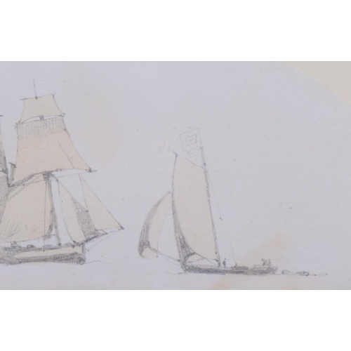 787 - Samuel Prout (1783 - 1852), study of sailing boats, pencil and watercolour, 7cm x 17cm, framed, prov... 