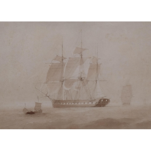 788 - 18th century study of 3-masted warships, sepia watercolour on paper, unsigned, 25cm x 36cm, framed