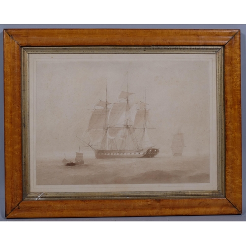 788 - 18th century study of 3-masted warships, sepia watercolour on paper, unsigned, 25cm x 36cm, framed