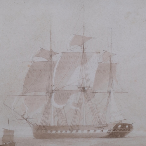 788 - 18th century study of 3-masted warships, sepia watercolour on paper, unsigned, 25cm x 36cm, framed