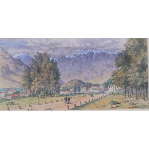 789 - Lorraine Estridge, pair of watercolours, Lake Como 1880 and Lake Orta, 12cm x 24cm, provenance: Abbo... 