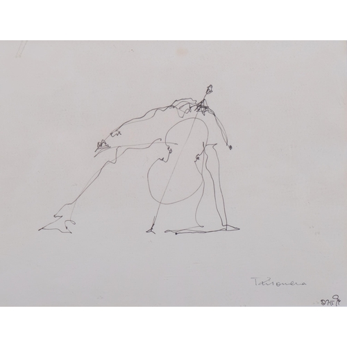 790 - Study of a cellist, pen and ink drawing, signed Philomena, dated '74, 19cm x 29cm, framed