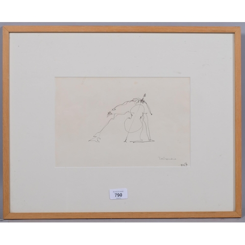 790 - Study of a cellist, pen and ink drawing, signed Philomena, dated '74, 19cm x 29cm, framed