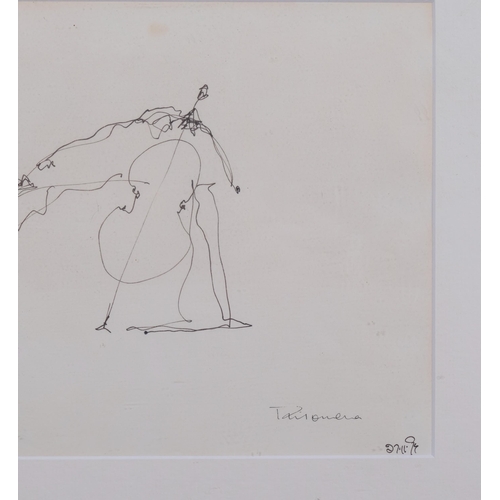 790 - Study of a cellist, pen and ink drawing, signed Philomena, dated '74, 19cm x 29cm, framed