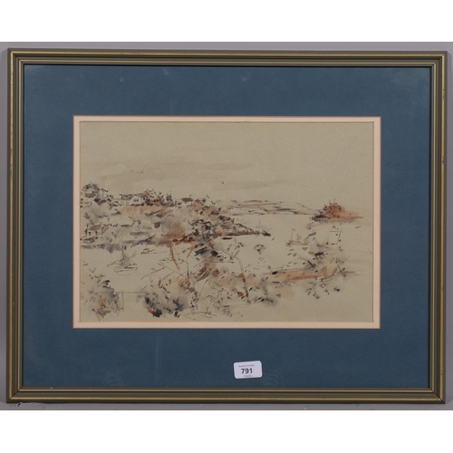 791 - A 20th Century coastal landscape, ink/watercolour, unsigned, 28cm x 41cm, framed